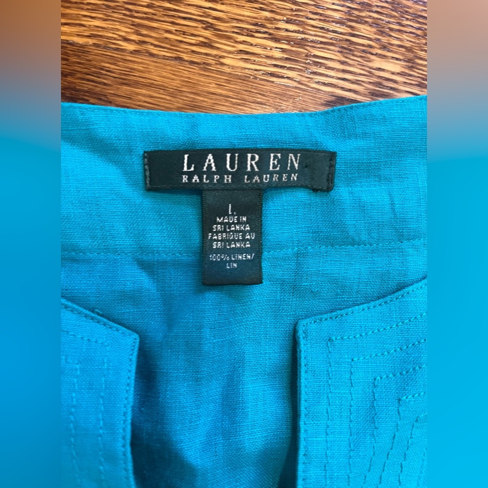 Ralph Lauren Turquoise Linen Blouse V neck Tunic Beach Resort wear Classic Prep - Picture 3 of 9